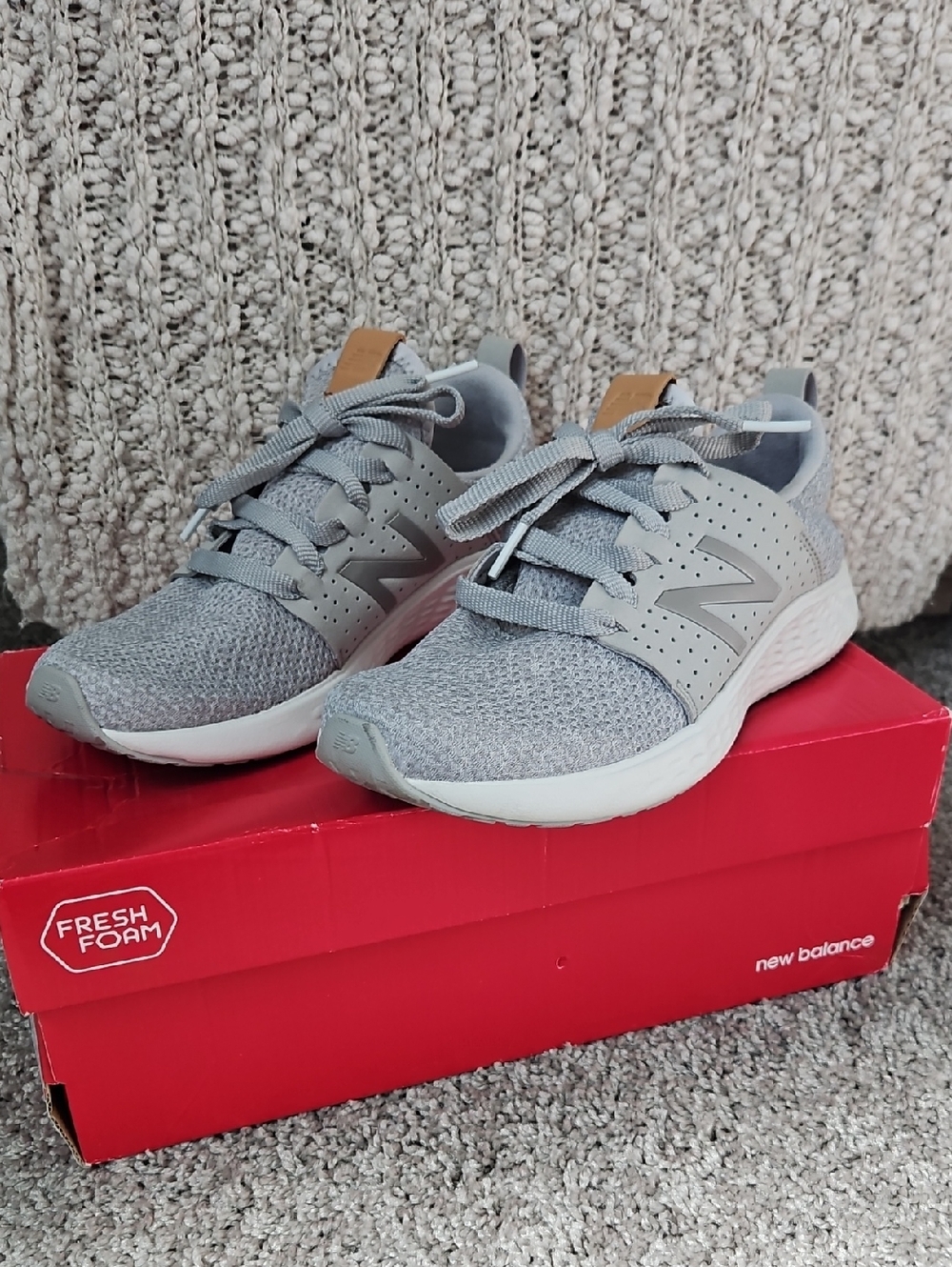 New Balance Light Gray Knit Athletic Sneakers with White Sole